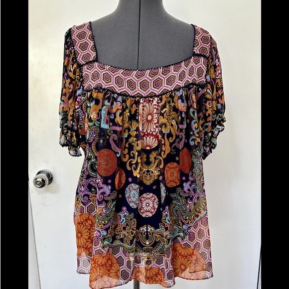 BOHO ECI New York POLYESTER CHIFFON PEASANT SMOCK TOP CAMISOLE LINING XL HIPPIE - Picture 1 of 5